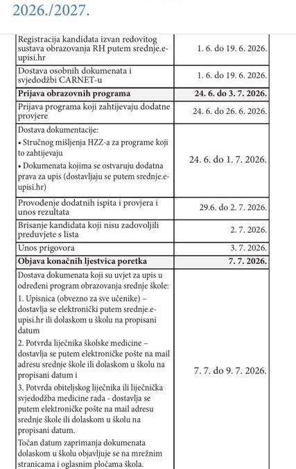 ODLUKA O UPISU UČENIKA U I. RAZRED SREDNJE ŠKOLE U ŠKOLSKOJ GODINI 2026./2027.